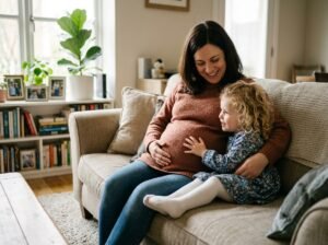 mãe grávida com criança