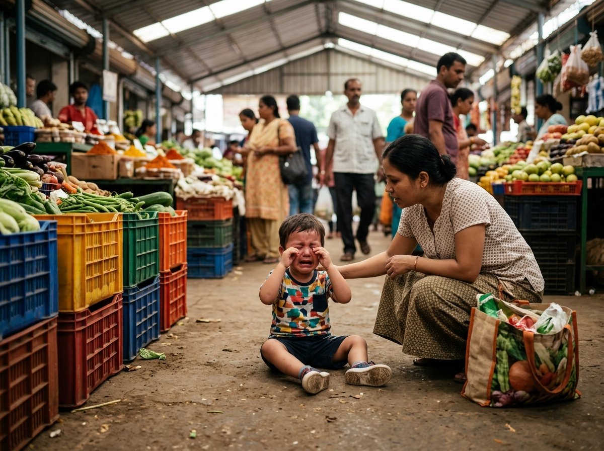 criança chorando no mercado