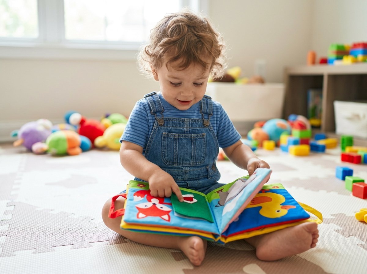 bebê com livro de pano