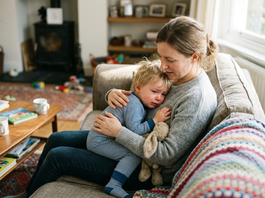 mãe e bebe parando chorar